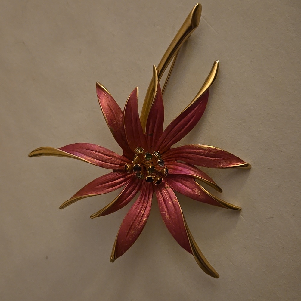 Lisa Frank Red and Gold Floral Brooch.